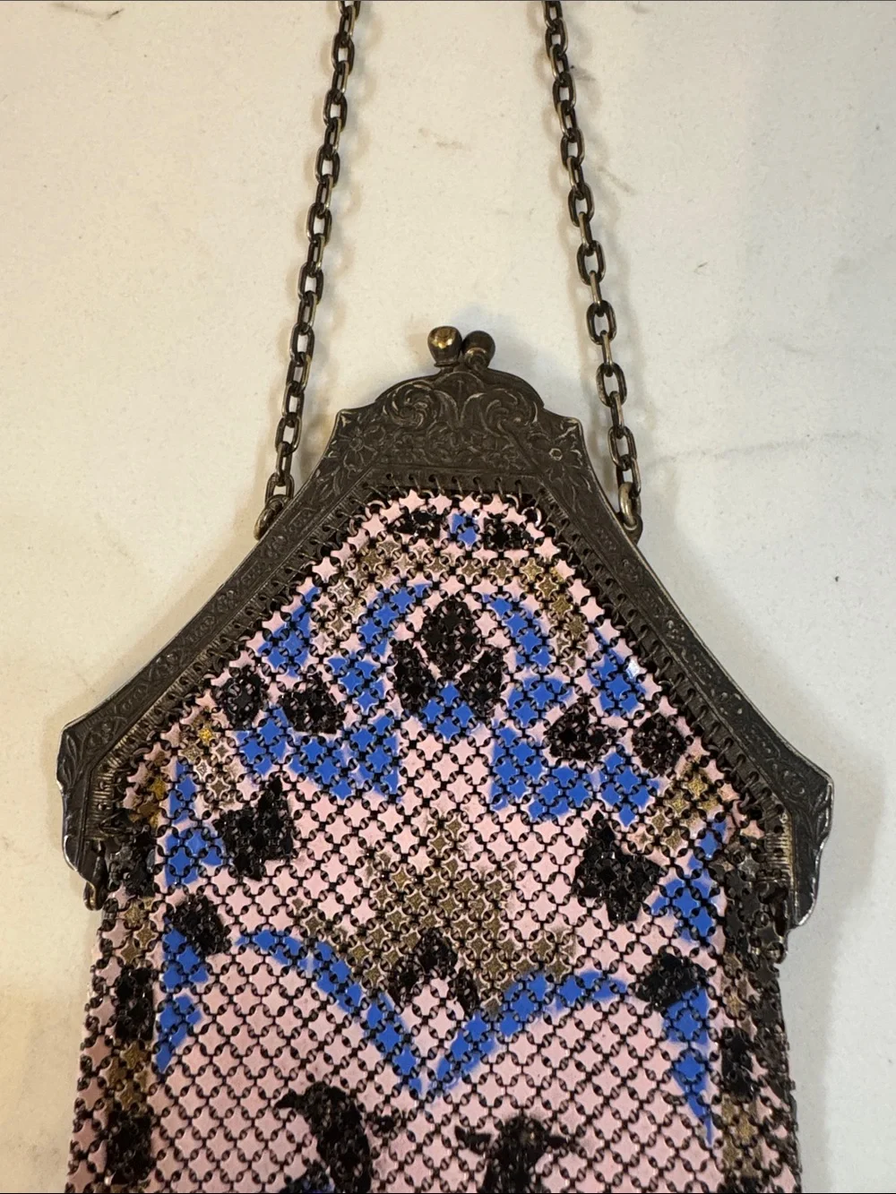 Antique Mandalian Mesh Enamel Flapper Purse Birds w/ Fringe